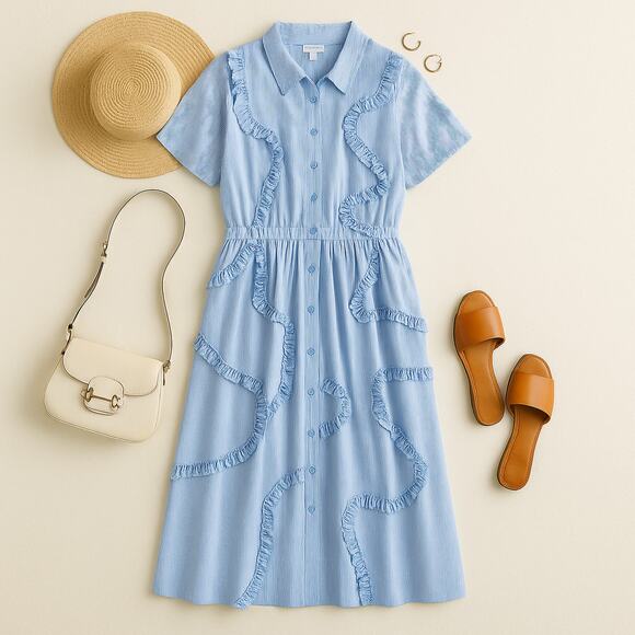 Kate Spade Dress Blue Stripe Ruffle Button Front Midi Fit Flare Coastal XXL - Picture 2 of 10